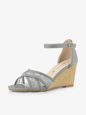 Elegant Open Toe Floral Lace Mesh Wedge Heel Sandals
