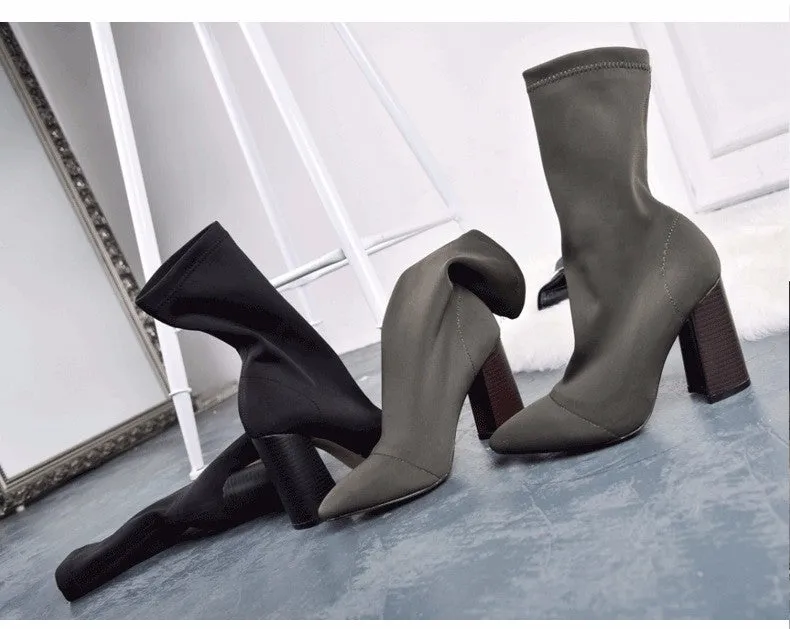 Pointed Toe Thick High Heel Socks Ankle Boots