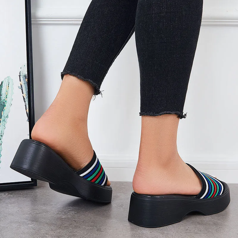 Sohiwoo  Women Platform Wedge SIide Sandals Open Toe Slip on Elastic Band Wedges