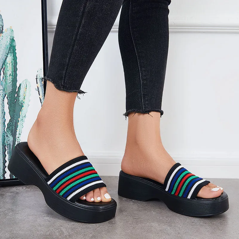 Sohiwoo  Women Platform Wedge SIide Sandals Open Toe Slip on Elastic Band Wedges