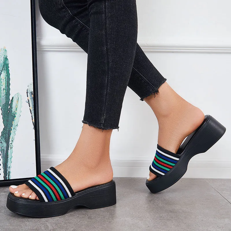 Sohiwoo  Women Platform Wedge SIide Sandals Open Toe Slip on Elastic Band Wedges