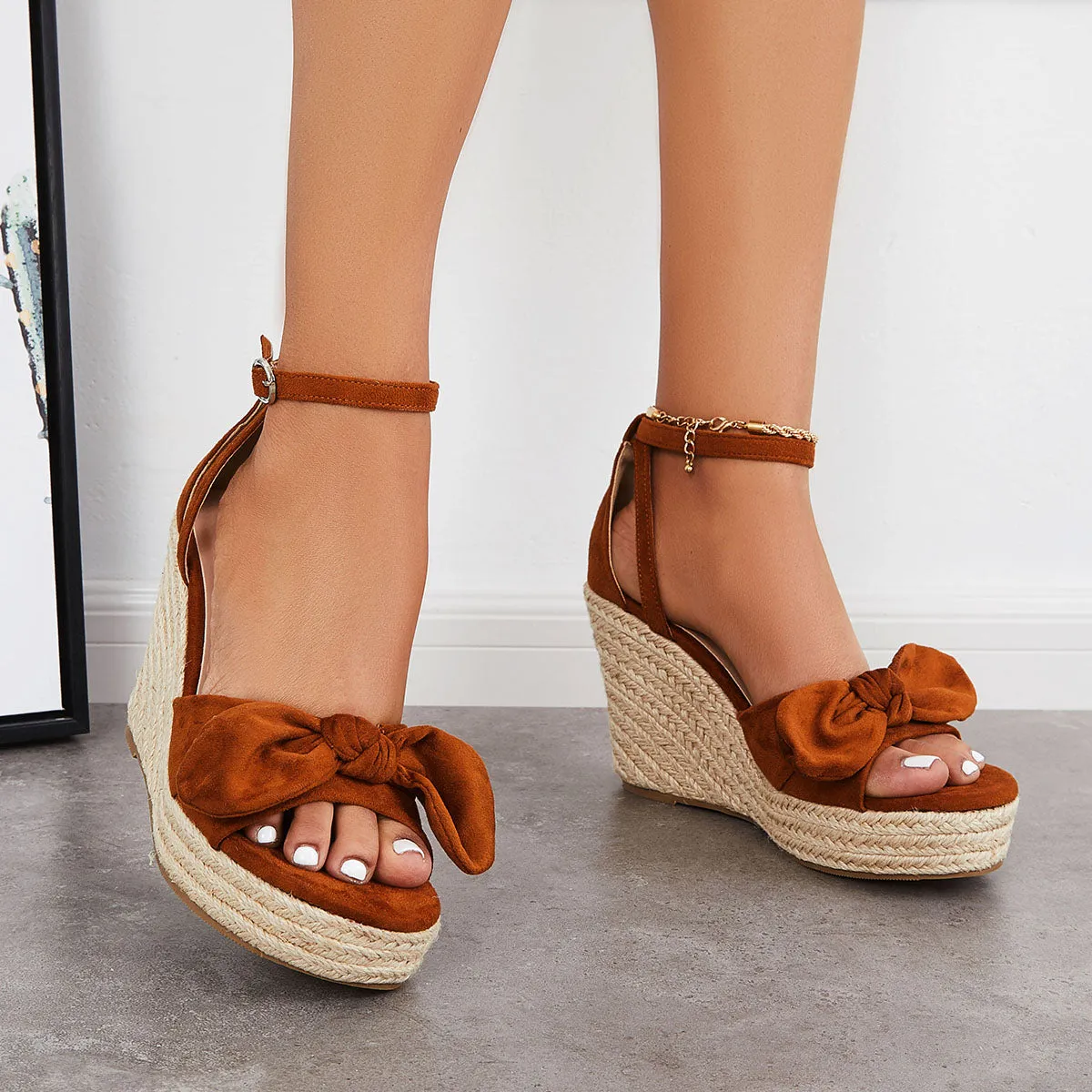 Sohiwoo  Women's Bowknot Espadrille Platform Wedges Ankle Strap Sandals