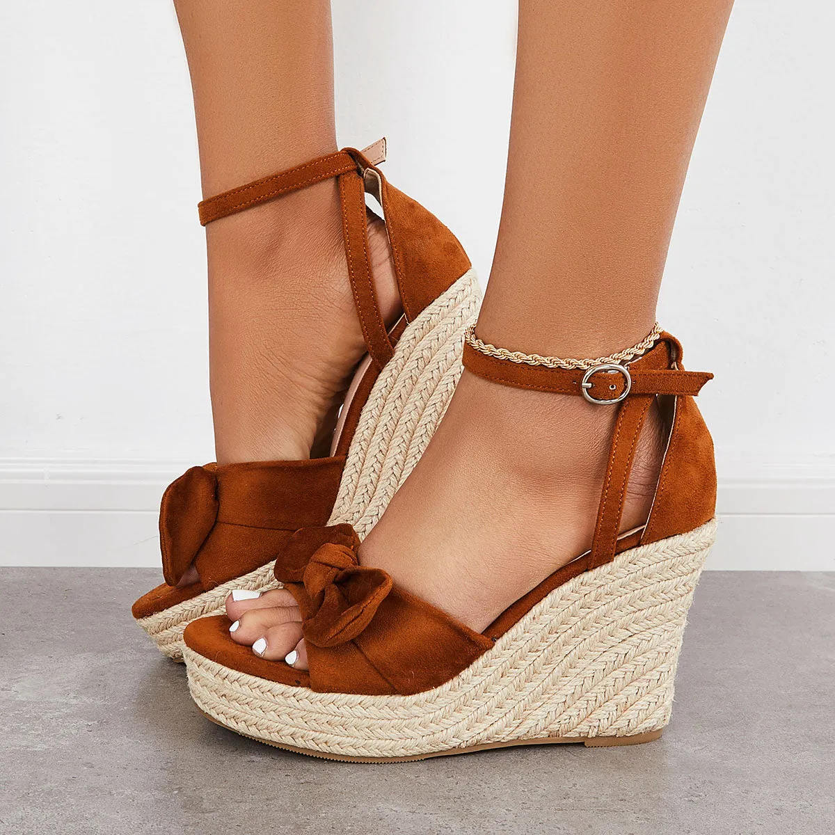 Sohiwoo  Women's Bowknot Espadrille Platform Wedges Ankle Strap Sandals