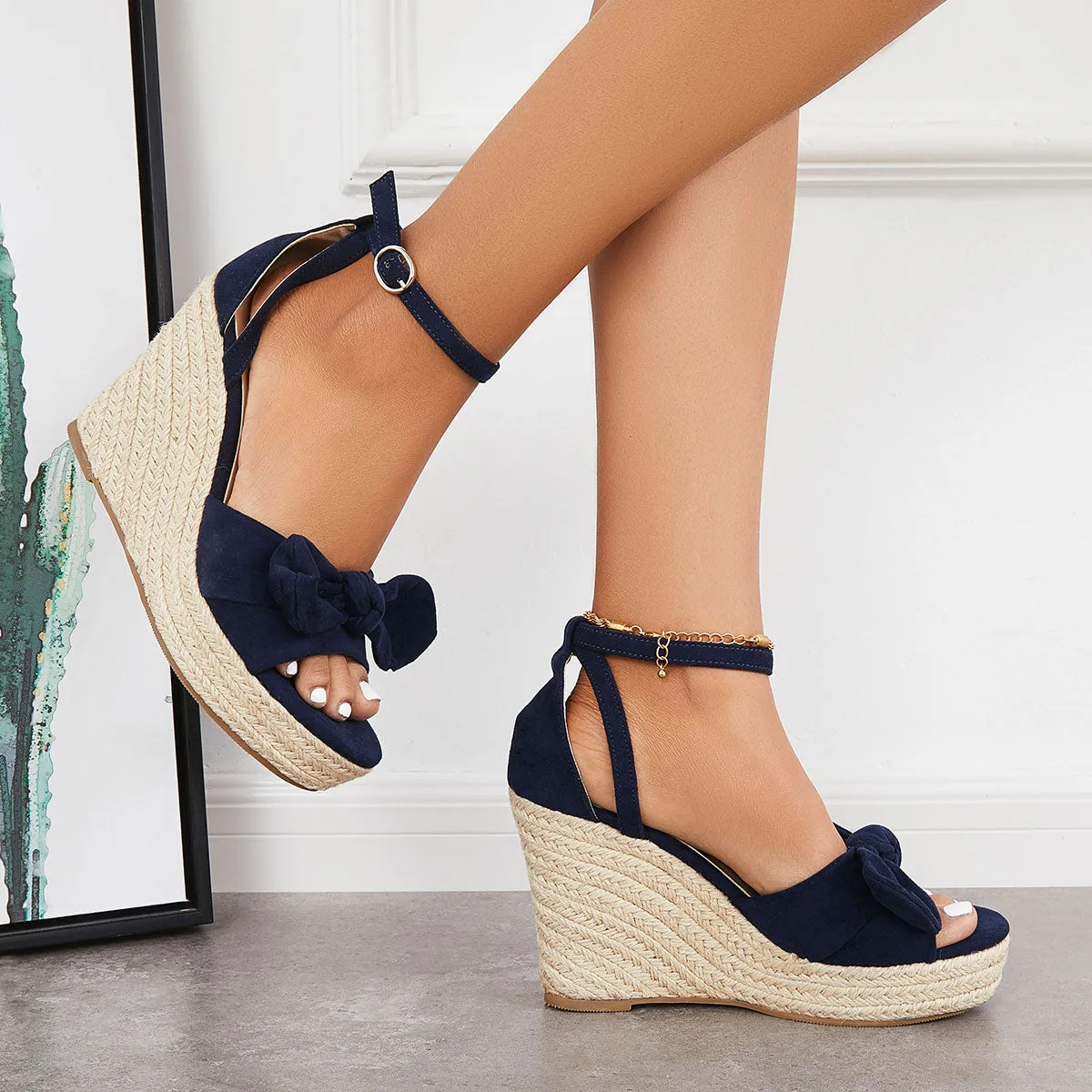 Sohiwoo  Women's Bowknot Espadrille Platform Wedges Ankle Strap Sandals