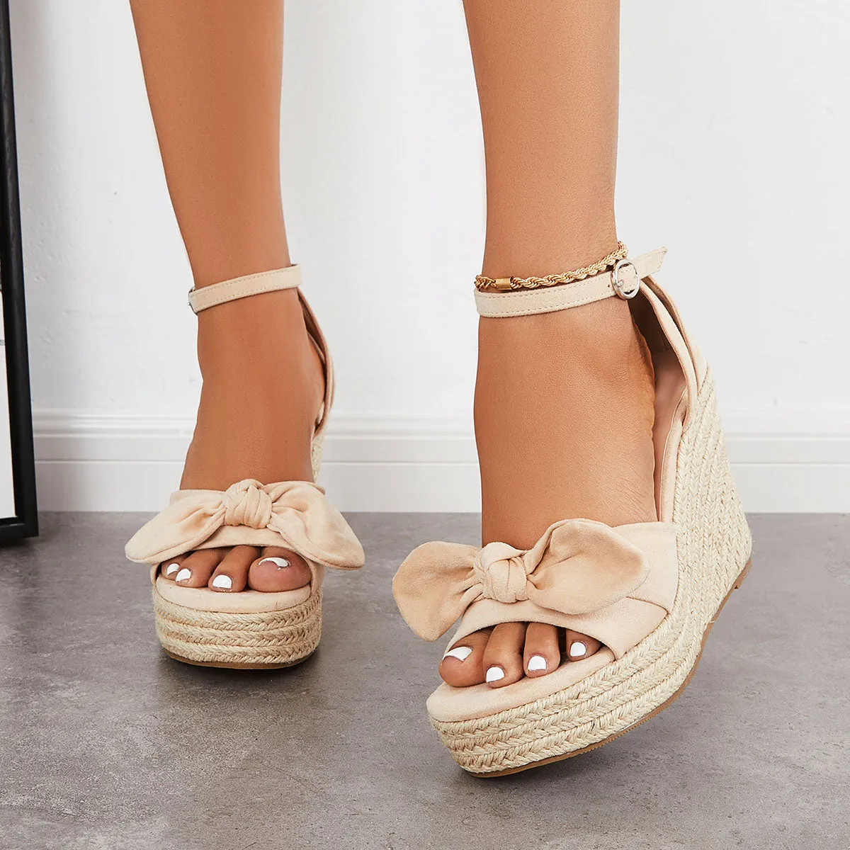 Sohiwoo  Women's Bowknot Espadrille Platform Wedges Ankle Strap Sandals