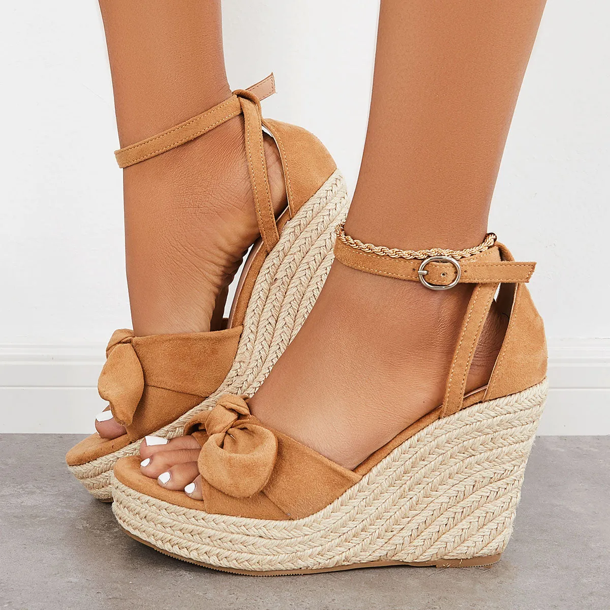 Sohiwoo  Women's Bowknot Espadrille Platform Wedges Ankle Strap Sandals