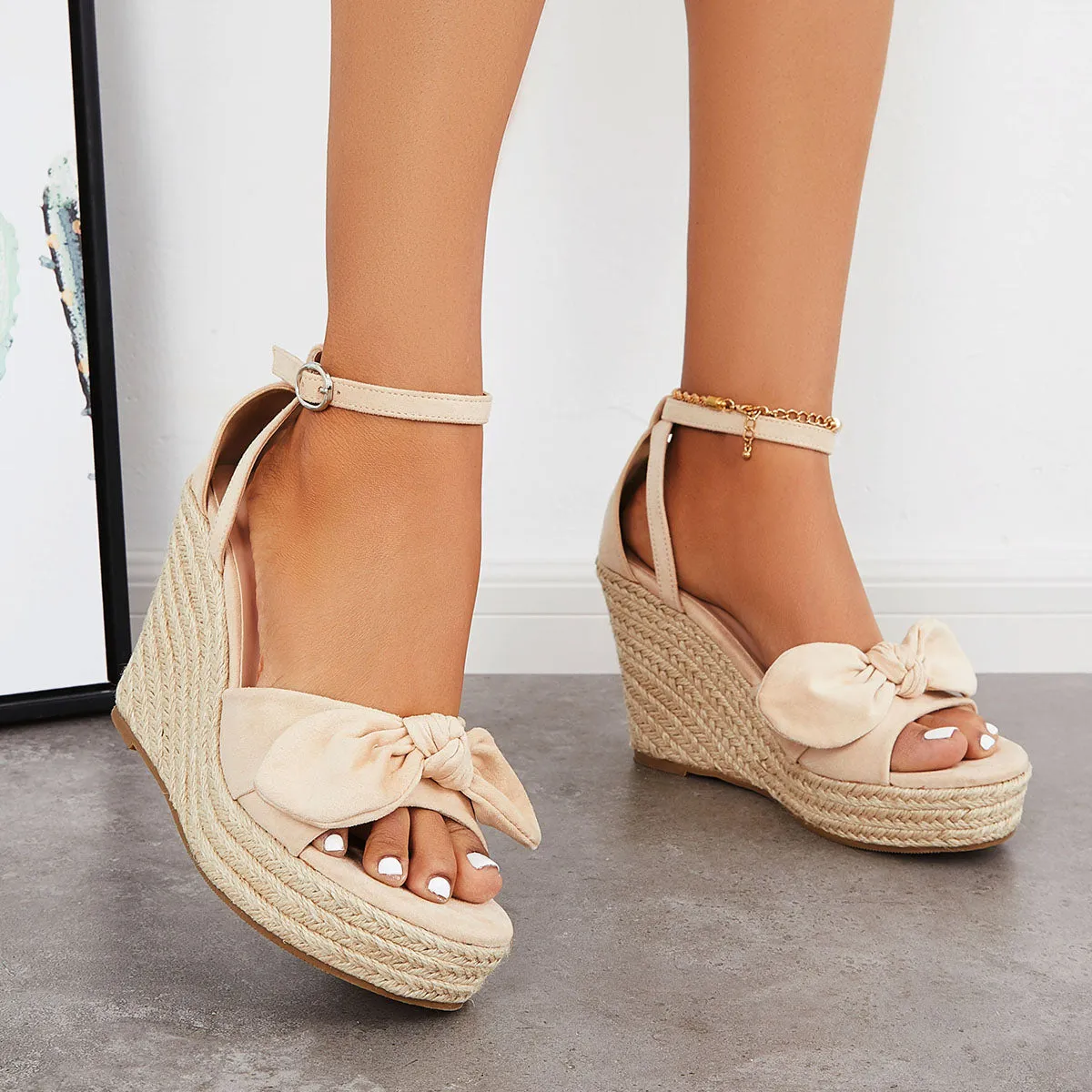 Sohiwoo  Women's Bowknot Espadrille Platform Wedges Ankle Strap Sandals
