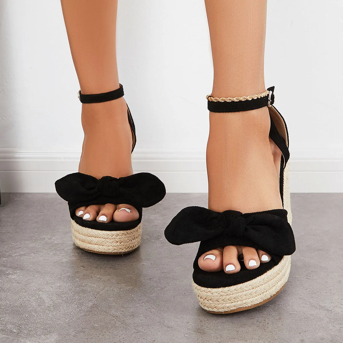 Sohiwoo  Women's Bowknot Espadrille Platform Wedges Ankle Strap Sandals