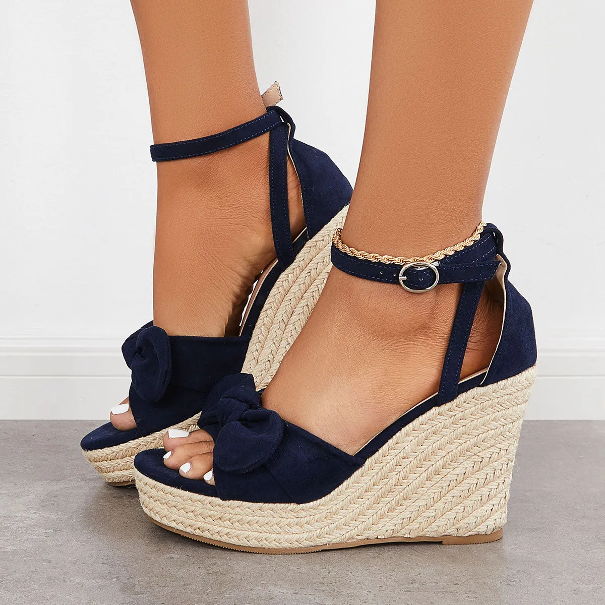 Sohiwoo  Women's Bowknot Espadrille Platform Wedges Ankle Strap Sandals
