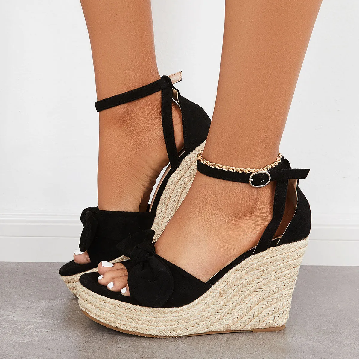 Sohiwoo  Women's Bowknot Espadrille Platform Wedges Ankle Strap Sandals
