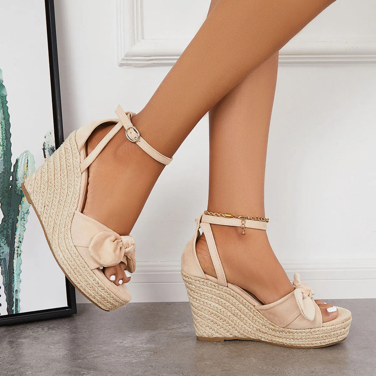Sohiwoo  Women's Bowknot Espadrille Platform Wedges Ankle Strap Sandals