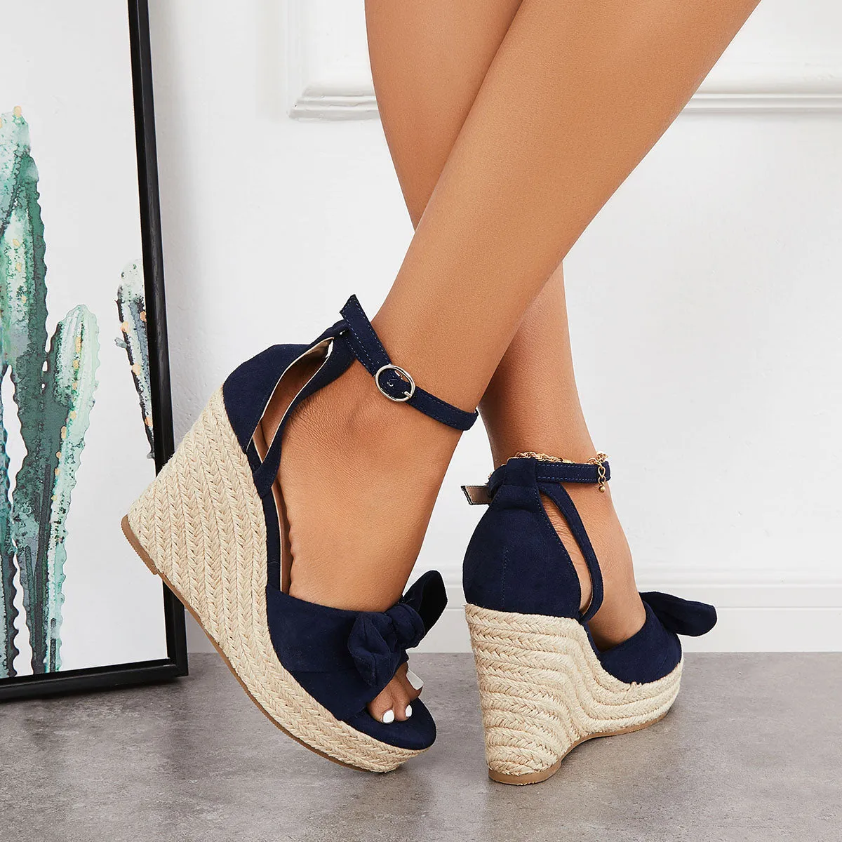 Sohiwoo  Women's Bowknot Espadrille Platform Wedges Ankle Strap Sandals