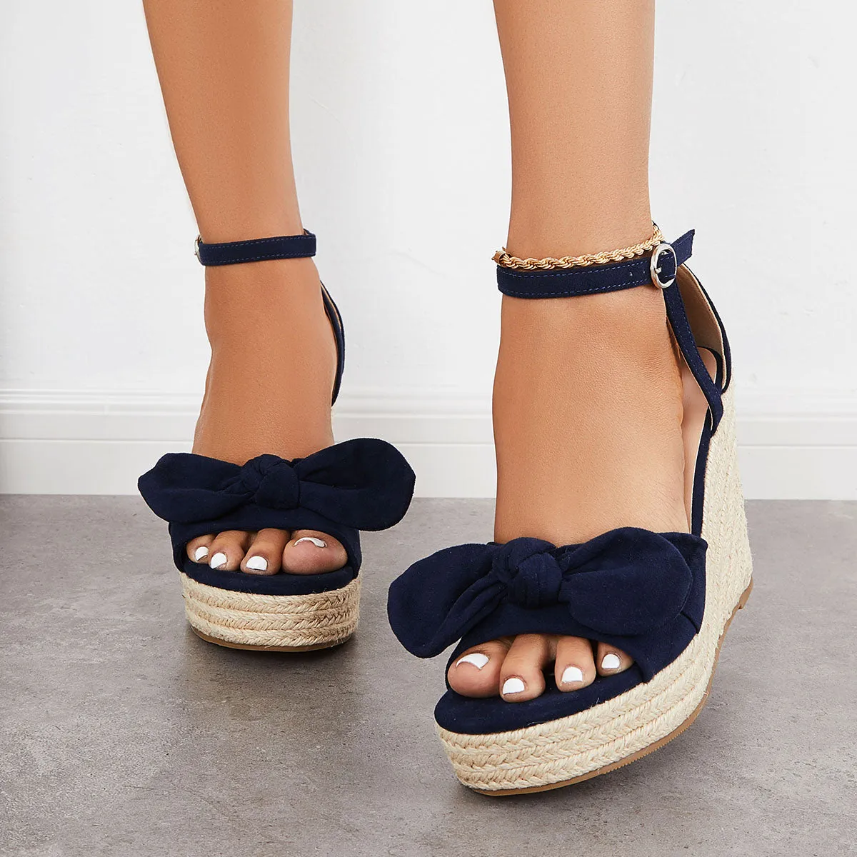 Sohiwoo  Women's Bowknot Espadrille Platform Wedges Ankle Strap Sandals