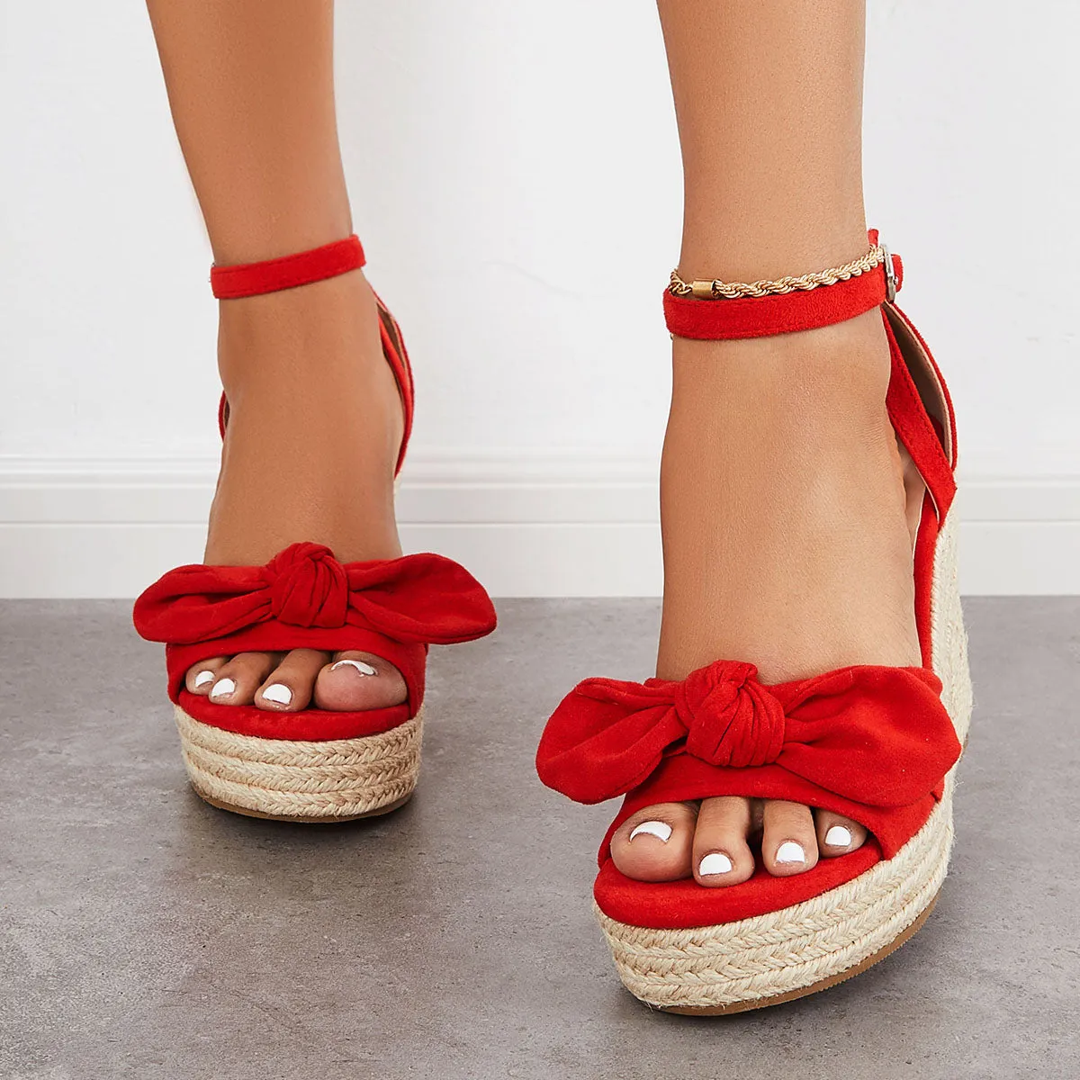 Sohiwoo  Women's Bowknot Espadrille Platform Wedges Ankle Strap Sandals