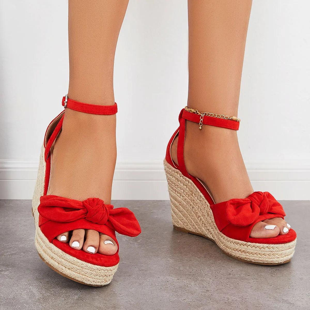 Sohiwoo  Women's Bowknot Espadrille Platform Wedges Ankle Strap Sandals