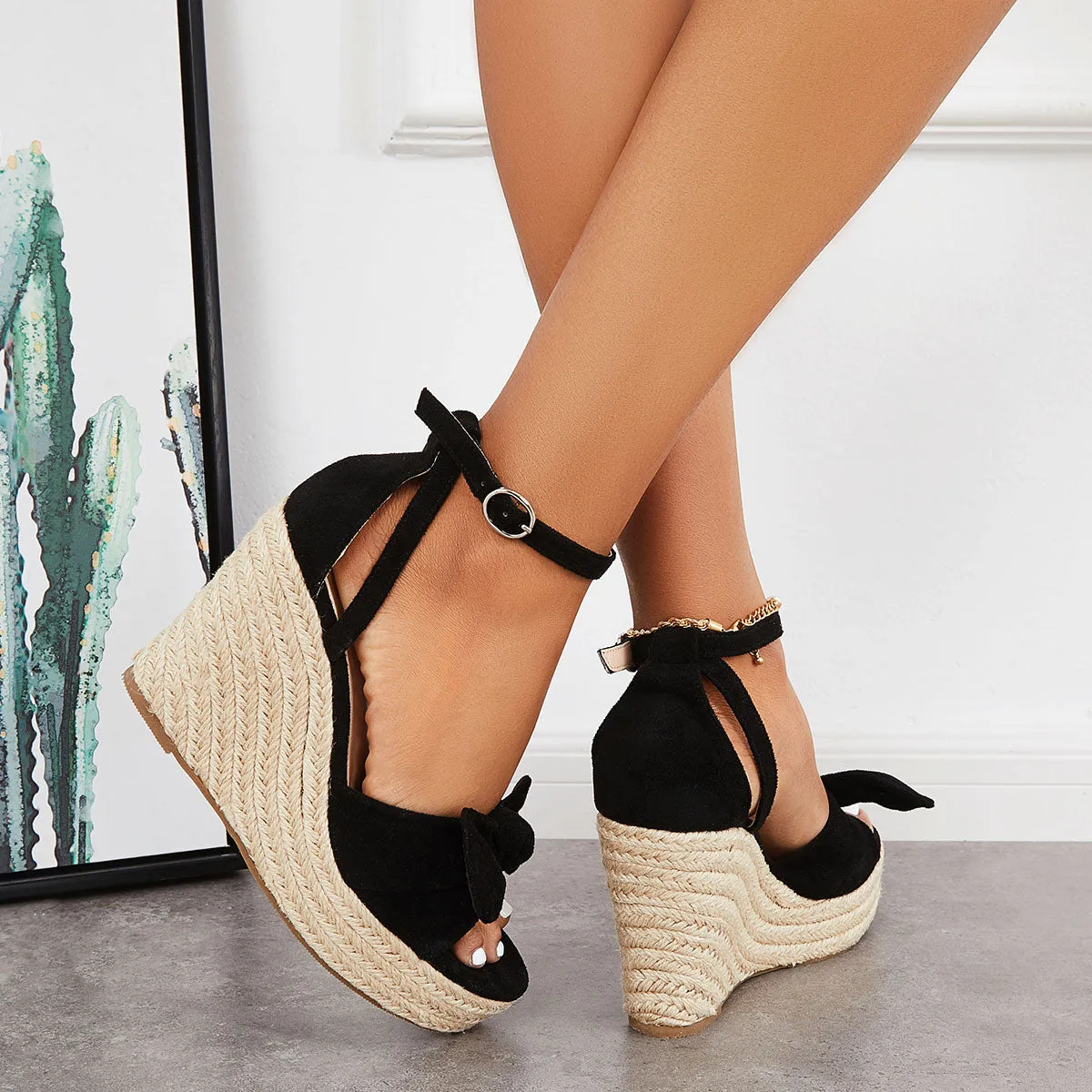 Sohiwoo  Women's Bowknot Espadrille Platform Wedges Ankle Strap Sandals
