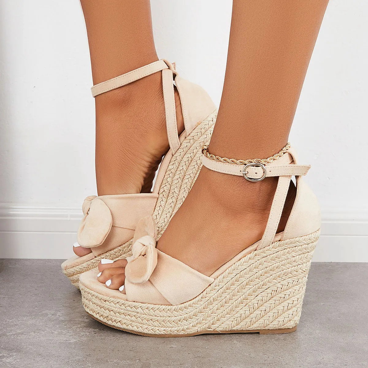 Sohiwoo  Women's Bowknot Espadrille Platform Wedges Ankle Strap Sandals