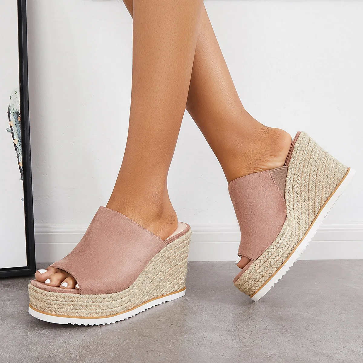 Sohiwoo  Women's Peep Toe Espadriles Platform Wedges Slip on Sandals