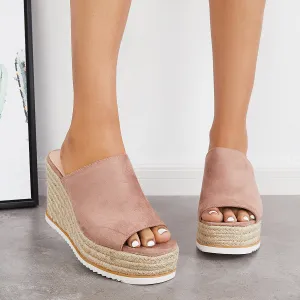 Sohiwoo  Women's Peep Toe Espadriles Platform Wedges Slip on Sandals