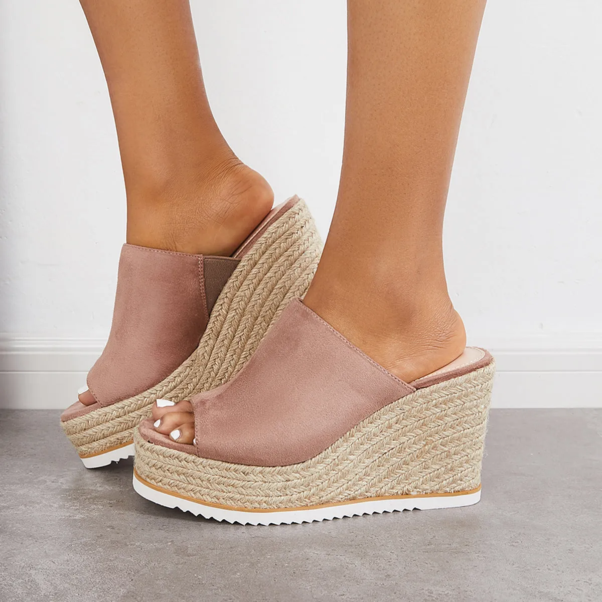 Sohiwoo  Women's Peep Toe Espadriles Platform Wedges Slip on Sandals
